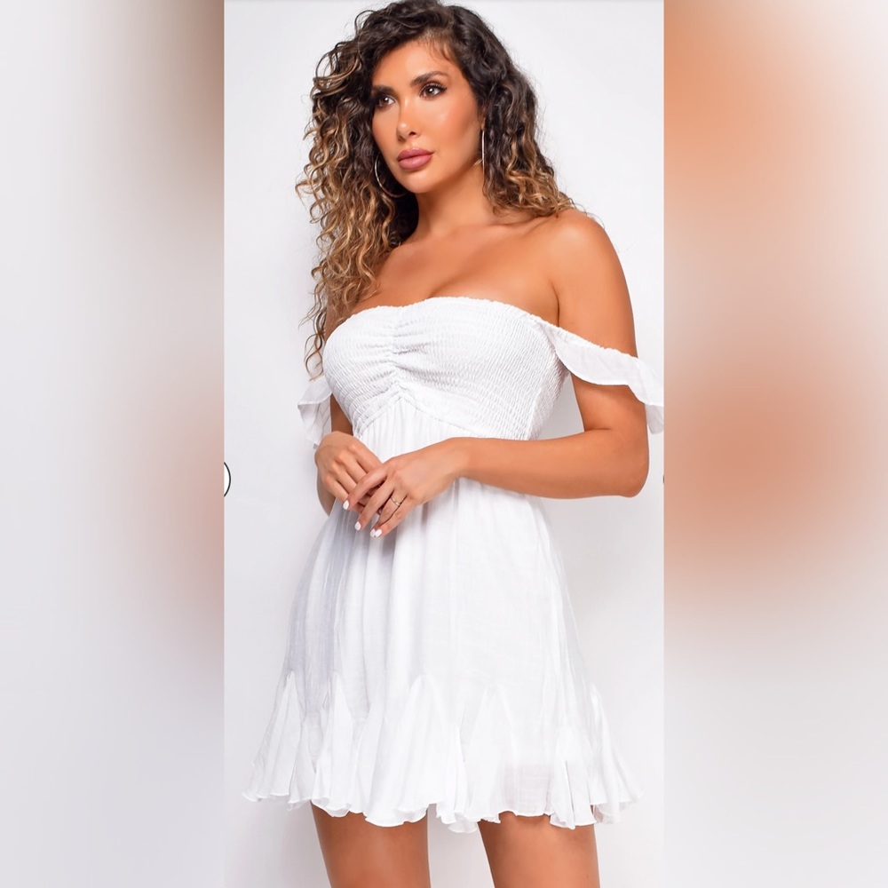 Emprada - Seychelles White Smocked Off Shoulder Dress - S